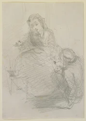 Two Figures: a Girl Seated and a Man on the Ground at Her Left